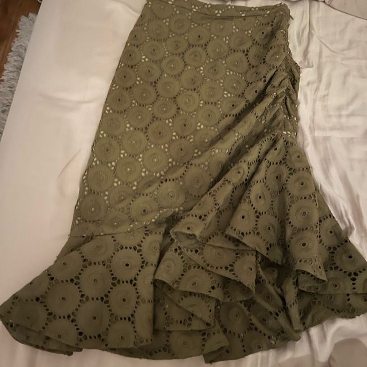 Gorgeous Skirt- Never Worn Without Tags. It Fits A Size Sx. The Skirt Does Not Have The Size Tag- It Is A Sample Item Which Fits Size Xs. Chic Green Skirt With Ruffle Hem, Fitted Green Skirt With Ruffle Hem, Chic Green Ruffled Maxi Skirt, Elegant Green Ruffled Bottoms, Fitted Green Maxi Skirt With Ruffles, Fitted Green Ruffled Maxi Skirt, Fitted Green Skirt With Ruffles, Green Asymmetrical Skirt With Ruffles, Elegant Green Wrap Skirt For Spring