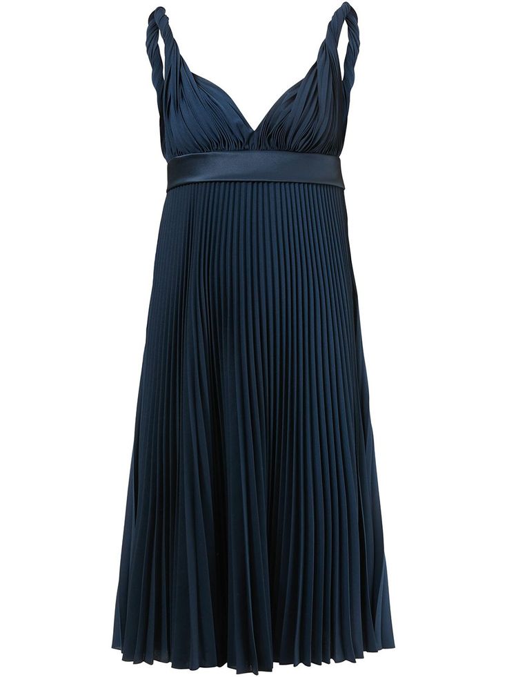 ink blue fully pleated empire line sleeveless V-neck twisted shoulder straps rear zip fastening Empire Waist Evening Dress With Pleated Bodice, Blue V-neck Dress With Pleated Bodice, Evening V-neck Pleated Dress, Pleated A-line V-neck Dress For Formal Occasions, Formal Pleated A-line V-neck Dress, Blue Pleated Back Midi Dress For Evening, Formal Pleated Empire Waist Dress, Blue Pleated Back Dress For Evening, Formal Pleated Dress With Empire Waist