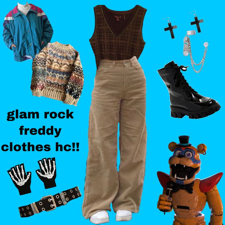 Sun Cosplay Outfit, Glamrock Freddy Inspired Outfit, Glamrock Aesthetic Clothes, Monty Fnaf Outfit, Fnaf 80s Style, Fnaf Movie Outfit Ideas, Glamrock Outfit, Fnaf Inspired Outfits, Fnaf Outfit Ideas