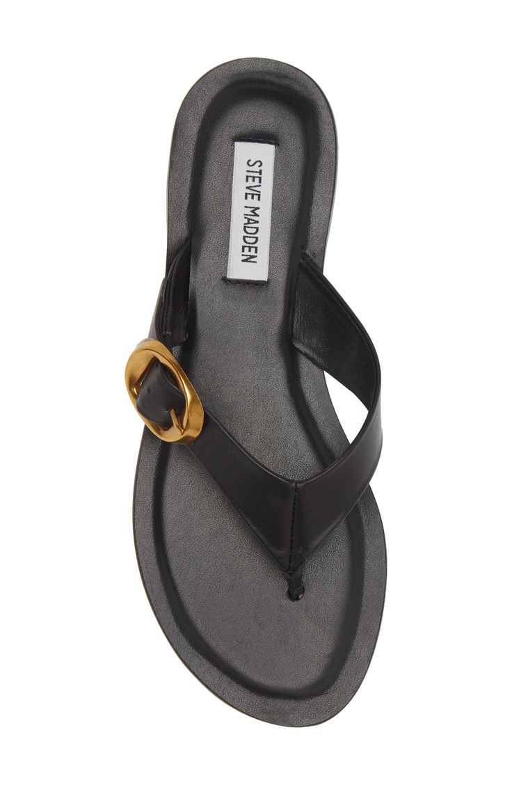 A brushed buckle adds visual intrigue to a stylish leather flip-flop fashioned with a center toe post. Leather upper/synthetic lining and sole Imported Leather Flip Flops, Flip Flop, Steve Madden, Flip Flops, Leather Upper, Black Leather, Nordstrom, Buckle, Leather