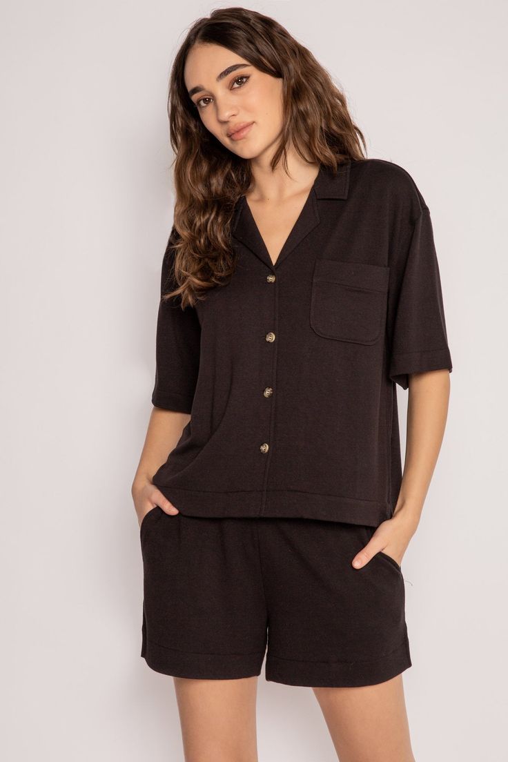 Black pajama set in a short sleeve button top & comfy pocket short in mini French terry. (7199527534692) Pajama Short Set, Pajama Short, Cozy Lounge, Pajamas Comfy, Short Pj Set, Notch Collar, Sleepwear & Loungewear, Collar Top, Short Pajama Set