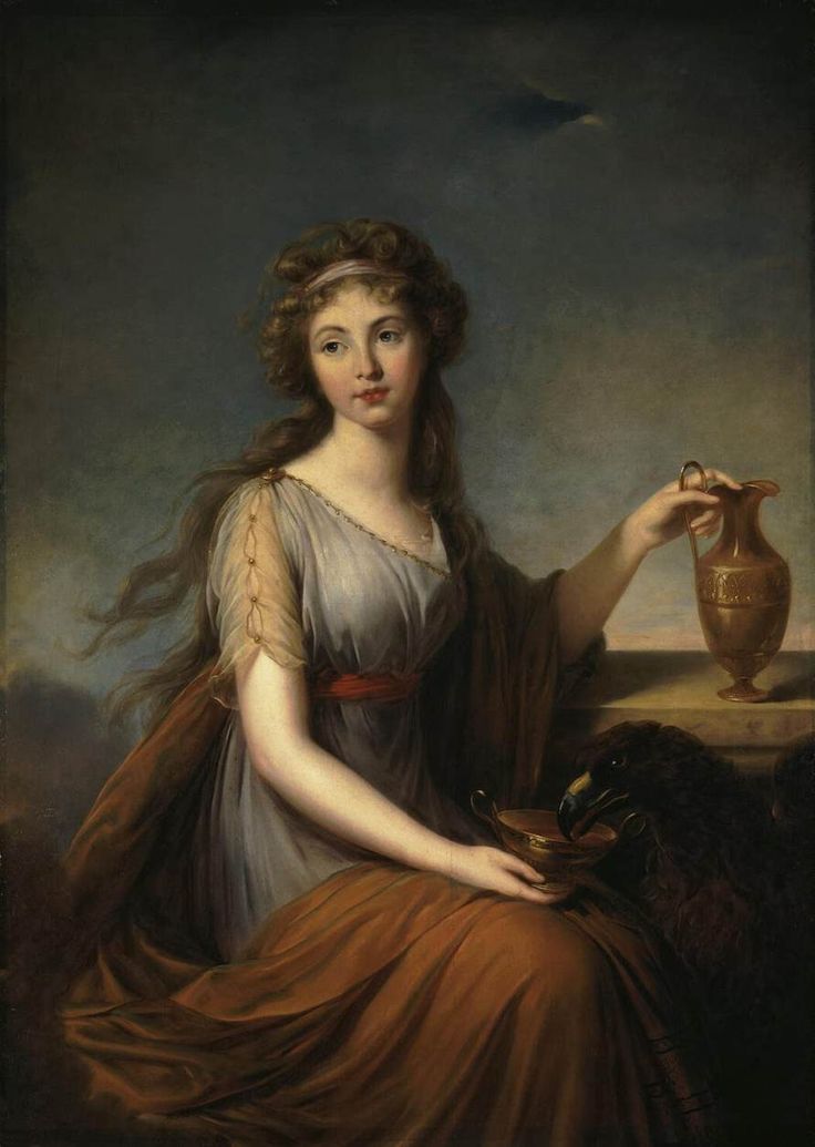 a painting of a woman holding a blue vase with an owl sitting on top of it