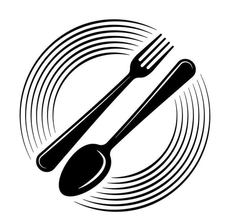 fork and spoon in the center of a circle