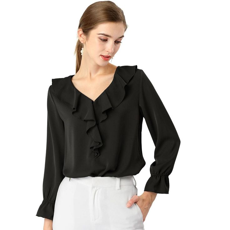 Dress to impress for the perfect casual smart look with this ruffled blouse. The ruffled trim provides an airy finish to a crisp, vintage peasant top. Retro and trendy, the design presents a feminine and demure aesthetic with its flounce and V neckline. This pretty top shapes your graceful swing silhouette with a lively ruffled trim. This lightweight breezy chiffon top is flattering at the front for an easy, eye-catching appeal. Utterly charming with ruffles trimming the neckline and finishing t Cheap Black Blouse With Ruffles, Cheap Black Ruffled Blouse, Women Ruffle Blouse, Women's Office, Burmese Clothing, Women Chiffon Blouse, Chiffon Tops Blouses, Vintage Blouse, Chiffon Long Sleeve