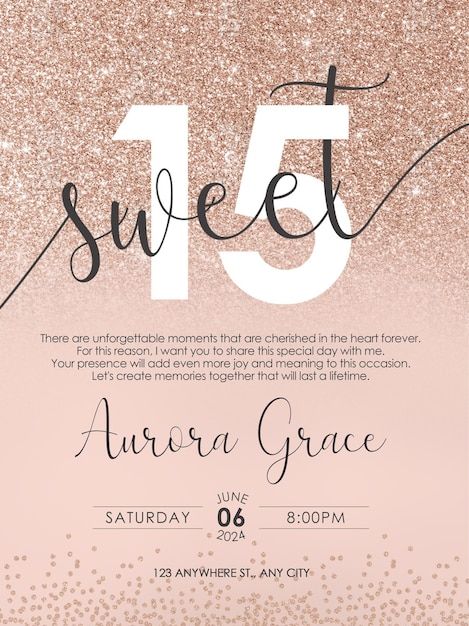 Editable Quinceañera Invitation Template in PSD format for a glamorous and elegant 15th birthday celebration. Sweet 15 Invitations, 15th Birthday Decorations, Quinceañera Invitation, Birthday Invitation Card Template, Digital Birthday Cards, Cute Birthday Ideas, Event Card, Birthday Card Design, Quinceanera Invitations