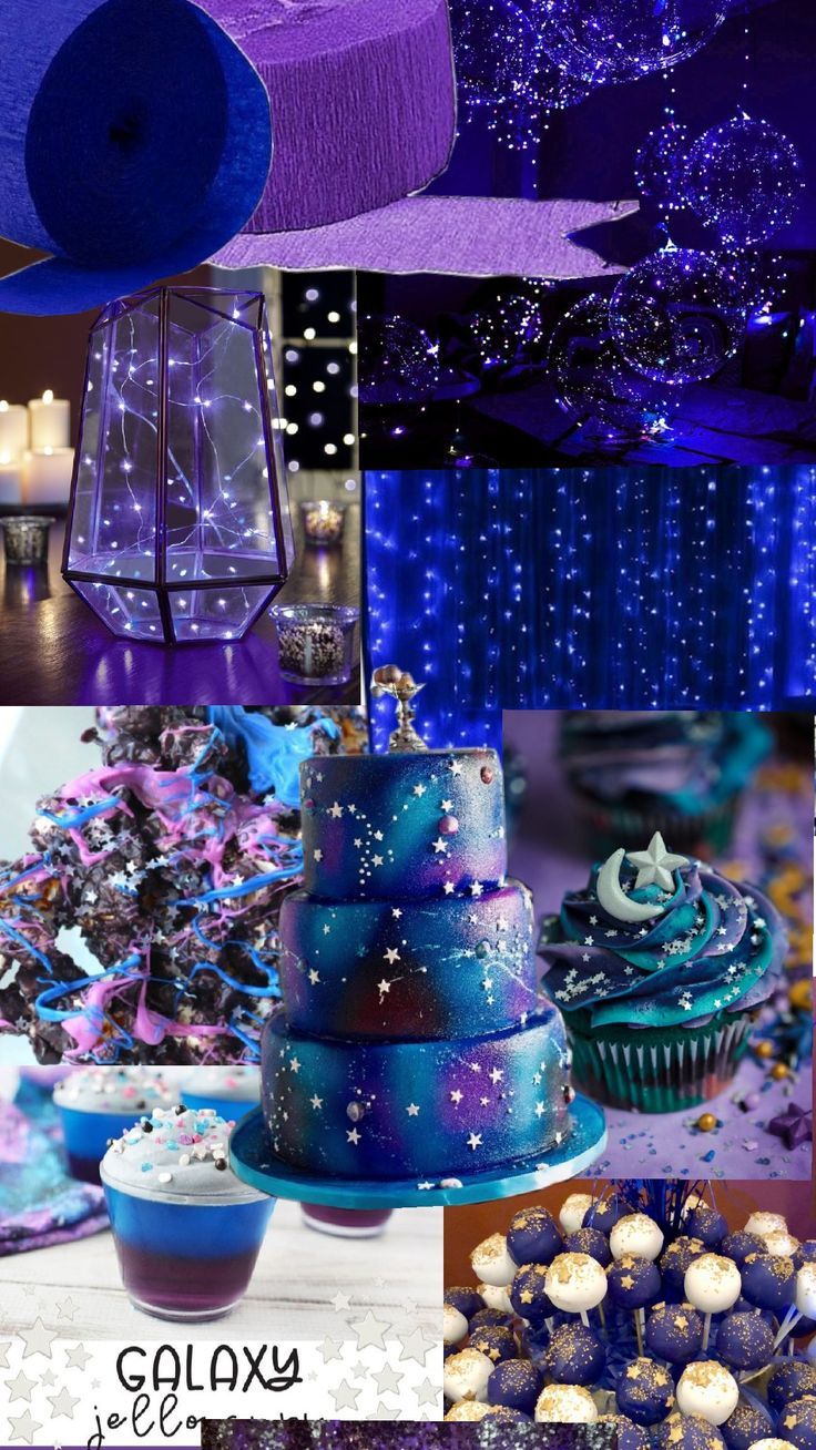 purple and blue collage with stars, cake, cupcakes, candle holders