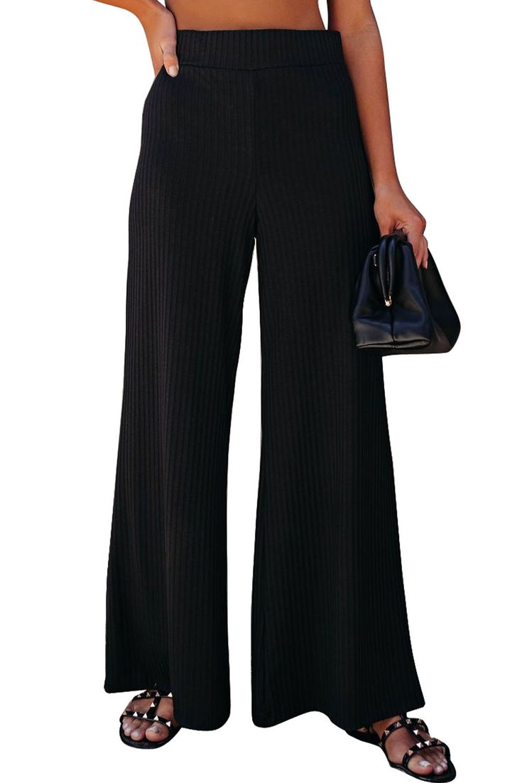 Black Ribbed Knit High Rise Wide Leg Pants Casual Black Knit Bottoms, High-waisted Ribbed Wide Leg Pants For Fall, Black Knit Bottoms For Loungewear, High Waist Black Ribbed Bottoms, Ribbed Black Bottoms For Fall, Black Knit Bottoms For Spring, Chic Solid Color Knit Pants, Non-stretch Ribbed Pants, Full-length Ribbed Pants For Workwear