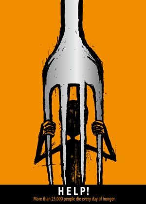 an orange and black poster with the words help on it's back side, in front of a stylized image of a rocket ship