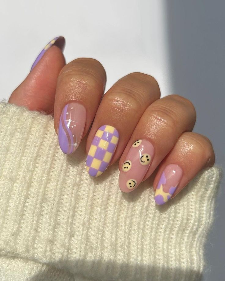 Nail Design Gold, Nail Nail Designs, Acrylic Nails Ideas, Summer Nails Art, Nail Art Inspo, Checkered Nails, Pastel Nails Designs, Nails Art Ideas, Lilac Nails