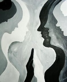 an abstract painting with black and white lines on the bottom half of it, depicting two women facing each other