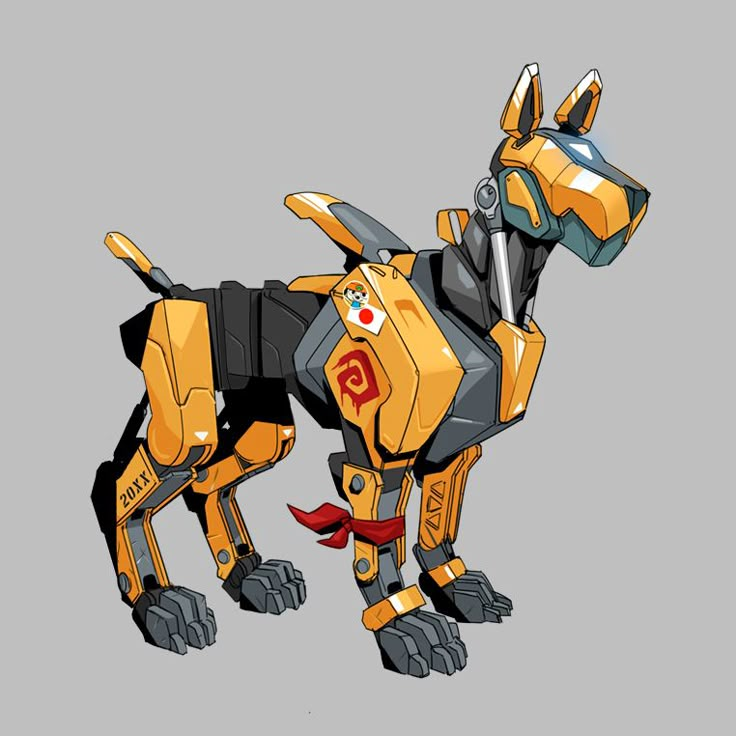 a yellow and black robot dog standing on top of a gray ground with its head turned to the side