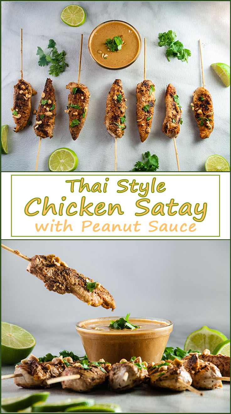 chicken satay on skewers with peanut sauce and garnished with cilantro