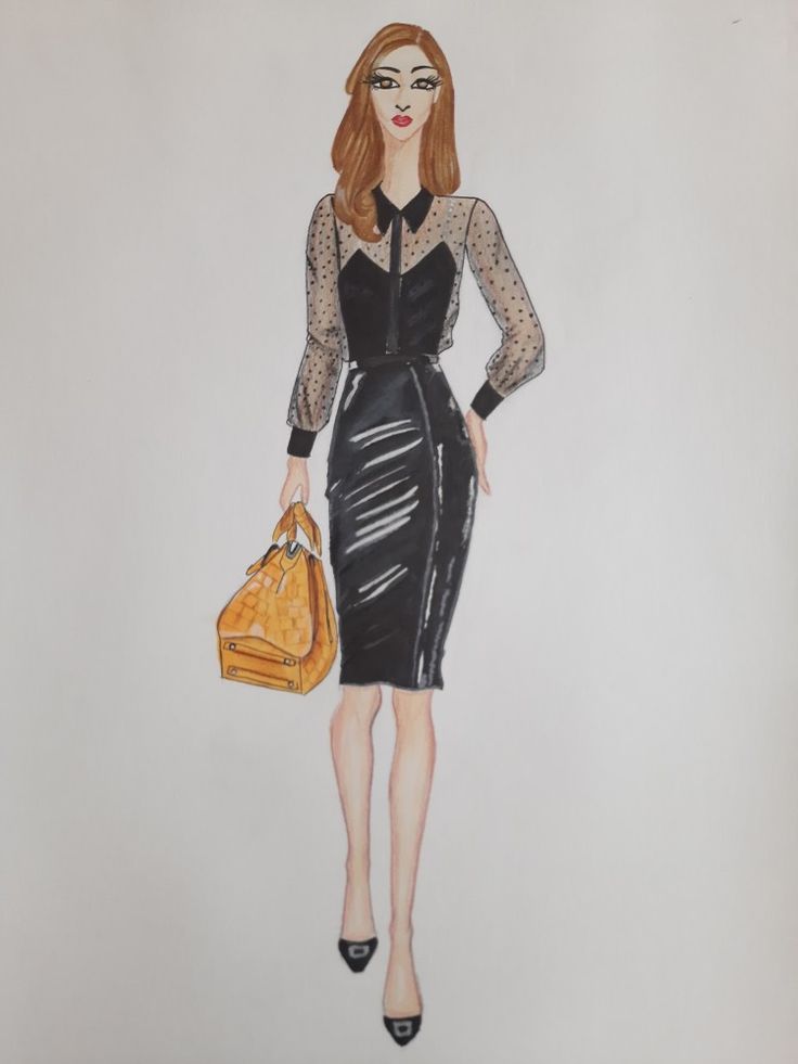 a drawing of a woman holding a purse and wearing a black dress with sheer sleeves