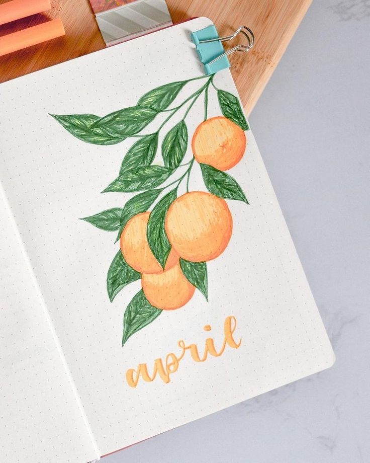 an open notebook with oranges on it and the word'avoiri'written in cursive writing