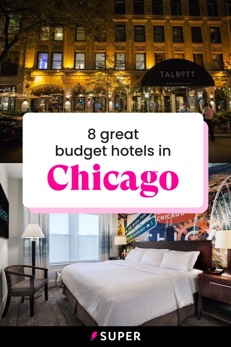 a hotel room with the words 8 great budget hotels in chicago on it's front