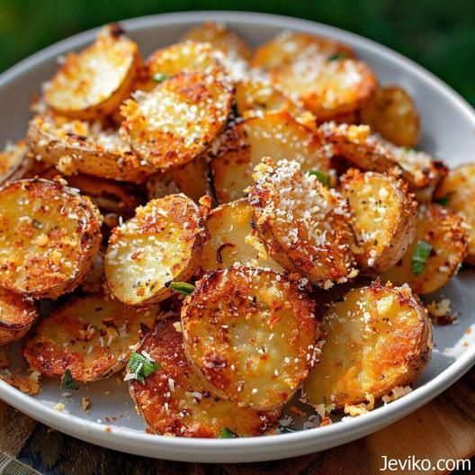 a white plate topped with fried potatoes covered in parmesan cheese