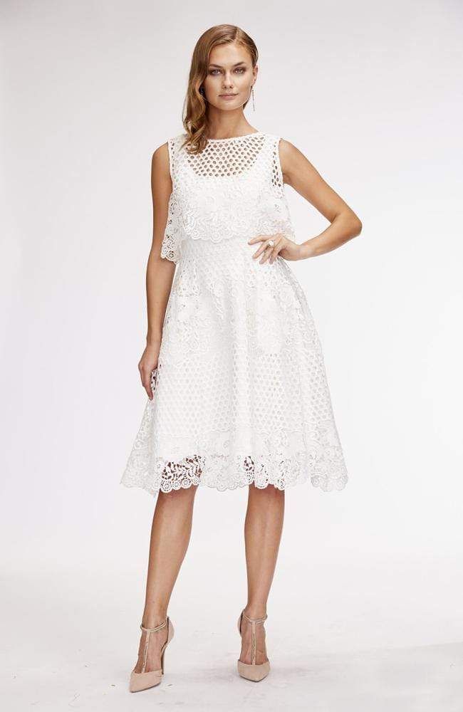 Eva Franco Dress Baba Dress - White Whisper Summer Midi Dress With Lace Trim For Wedding Guest, Summer Wedding Guest Midi Dress With Lace Trim, White A-line Lace Dress With Lace Patchwork, Chic A-line Midi Dress With Scalloped Lace, A-line Lace Midi Dress For Garden Party, Spring Lace Midi Dress, Spring Midi Lace Dress, A-line Scallop Lace Dress For Wedding Guest, A-line Lace Dress With Scalloped Lace For Wedding Guest