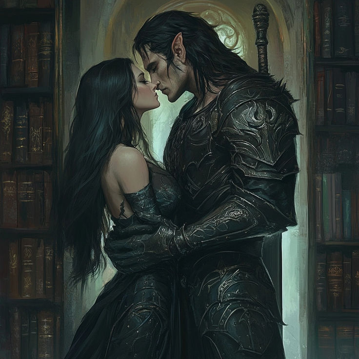 a painting of two people kissing in front of bookshelves with one holding the other's head