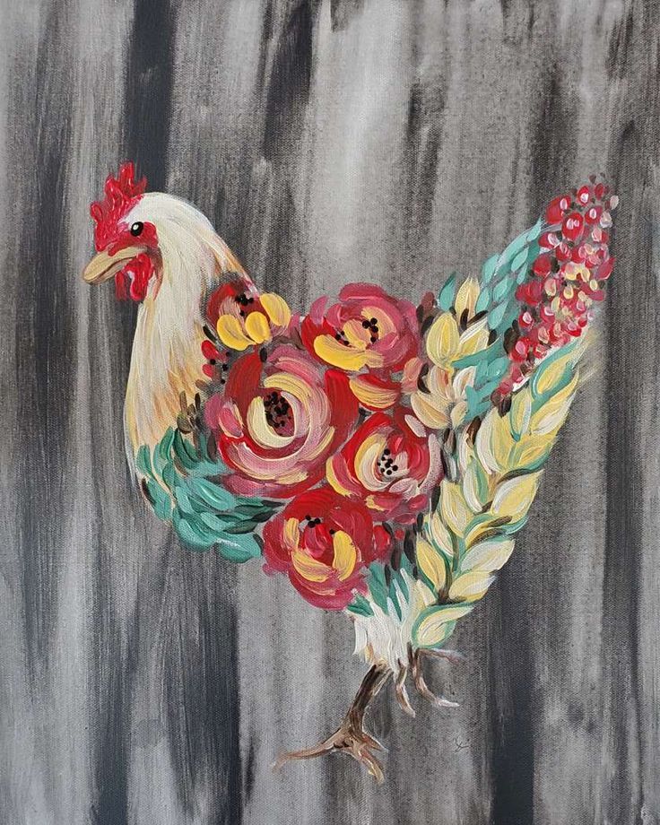 a painting of a rooster with flowers on it