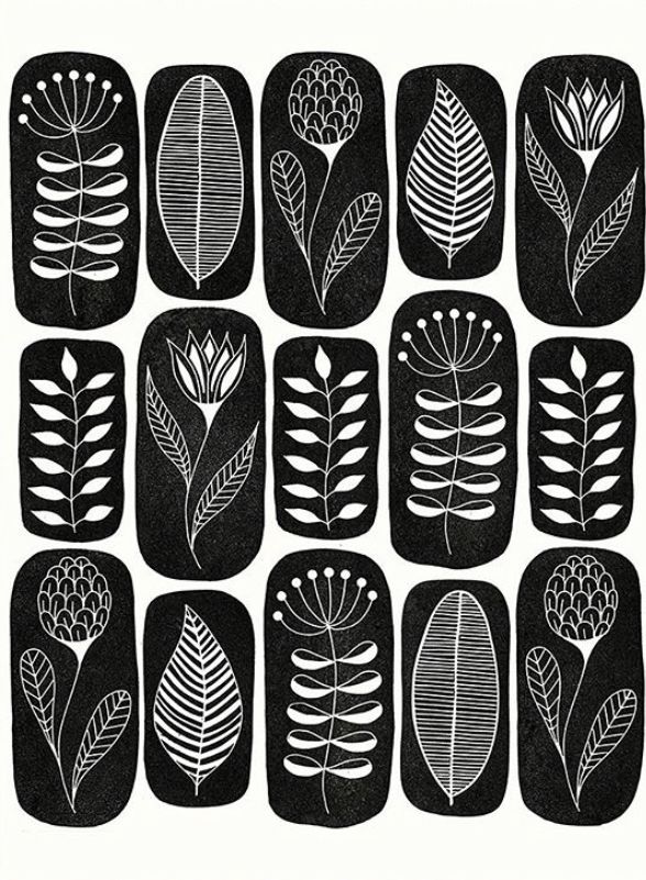 black and white drawing of different types of plants on squares with leaves in the middle