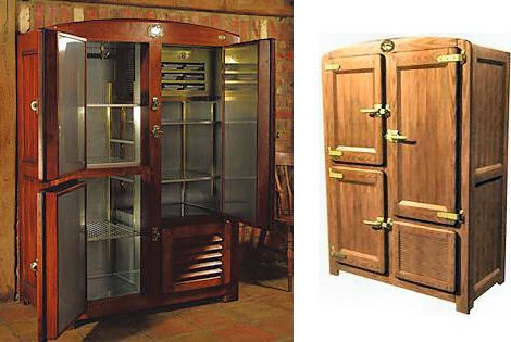 an old fashioned wooden cabinet next to a new style wood and glass cased refrigerator