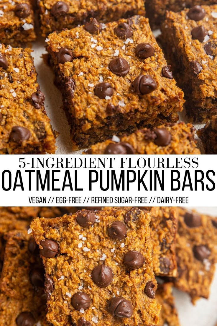 several squares of oatmeal pumpkin bars stacked on top of each other with chocolate chips