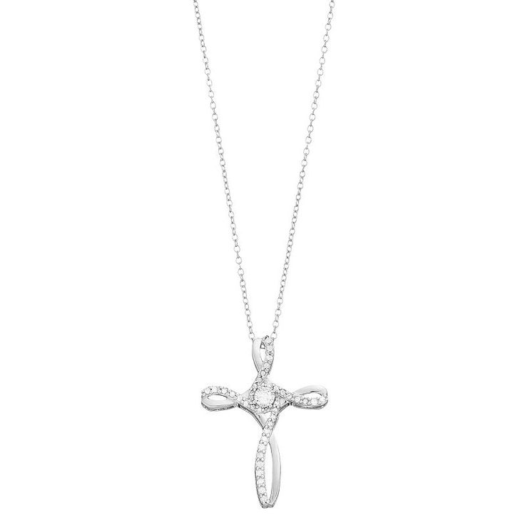 This cross pendant necklace features eye-catching diamond details. This cross pendant necklace features eye-catching diamond details. Nickel free Metal: sterling silver Length: 18 in. Packaging: boxed Finish: polished Pendant dimensions: 25.50 mm X 18.80 mm Chain type: cableDIAMOND DETAILS Total weight: 1/4 ct. Shape: round Setting: micro prong, prong Diamond weights are approximate. Diamond Total Weights may vary between .01 and .13 ct. Some diamonds consist of fewer than 17 facets. Gemstones m Diamond Cross Pendant In Diamond White, Diamond White Diamond Pendant Cross Necklace, Silver Diamond Cut Cross Pendant Necklace, White Gold Crucifix Jewelry With Diamond Accents, White Gold Crucifix With Diamond Accents, Fine Jewelry Crucifix With Diamond Accents, Anniversary Necklace With Pave Setting Cross Pendant, Sterling Silver Pave Setting Cross Pendant Jewelry, Diamond Cross Jewelry With Diamond Accents