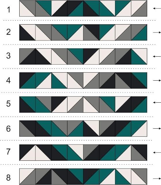 the pattern is shown with different colors and sizes for each piece, including one triangle