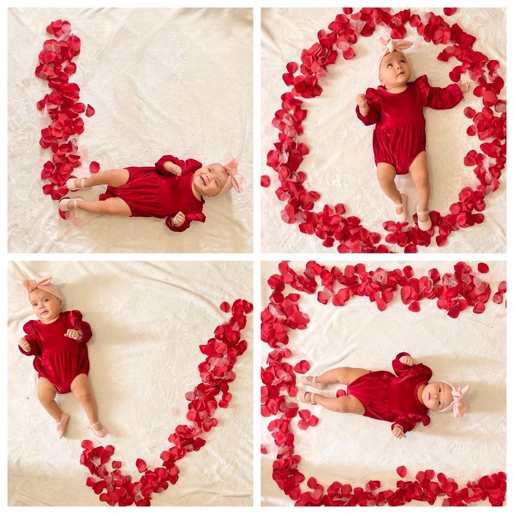 four pictures of a baby laying on the floor surrounded by red petals and hearts,