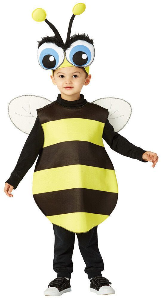 a little boy in a bee costume standing up with his hands out to the side