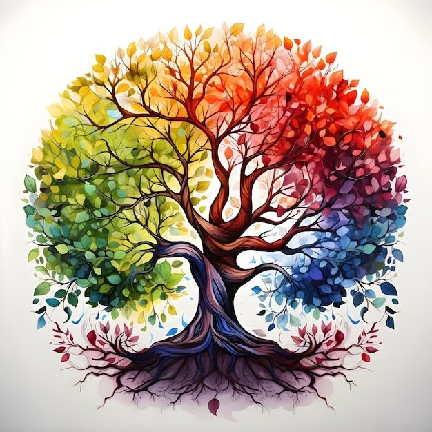 a colorful tree with many leaves on it's trunk and branches in the shape of a heart