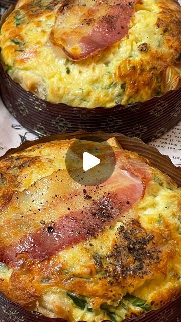 two round casseroles with ham and cheese on top