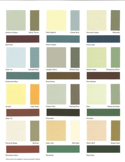 the different shades of paint for walls and ceilings in various colors, including brown, green,