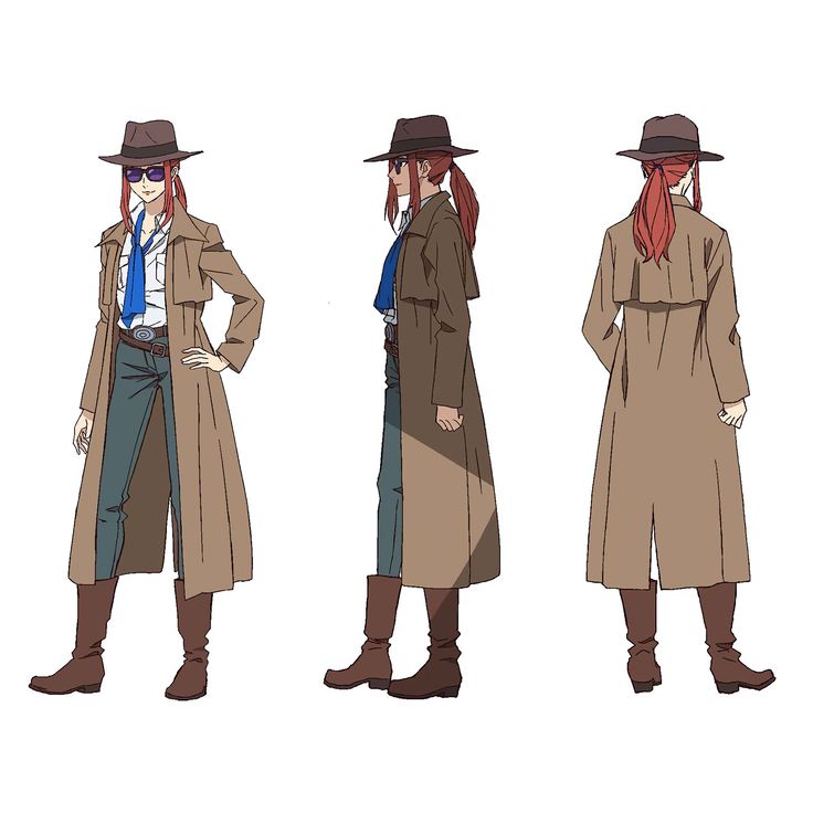 three people in trench coats and hats standing next to each other with their hands on their hipss