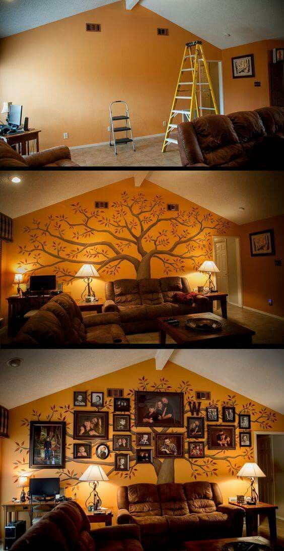 two photos of a living room with pictures on the wall and a tree painted on the wall