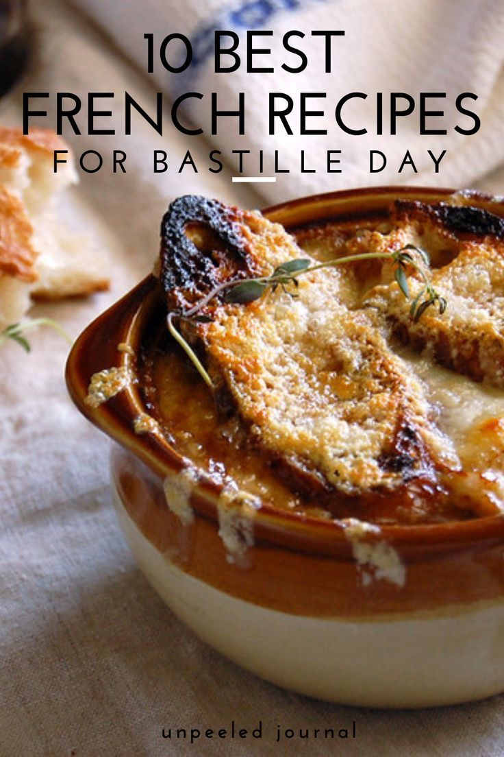 July 14 is Bastille Day, a huge celebration day in France. What better reason to make one of these authentic French recipes? From baguettes to boeuf, these patriotic, authentic French Bastille Day recipes are reason to celebrate. Here's Unpeeled's roundup of recipes that say "vive la France," like like baguette sandwiches, crêpes, boeuf bourgignon, madeleines, French onion soup, fruit tart, and more. Authentic French Recipes, French Recipes Dinner, Baguette Sandwiches, French Recipes Authentic, French Cuisine Recipes, French Cooking Recipes, Easy French Recipes, Traditional French Recipes, French Soup