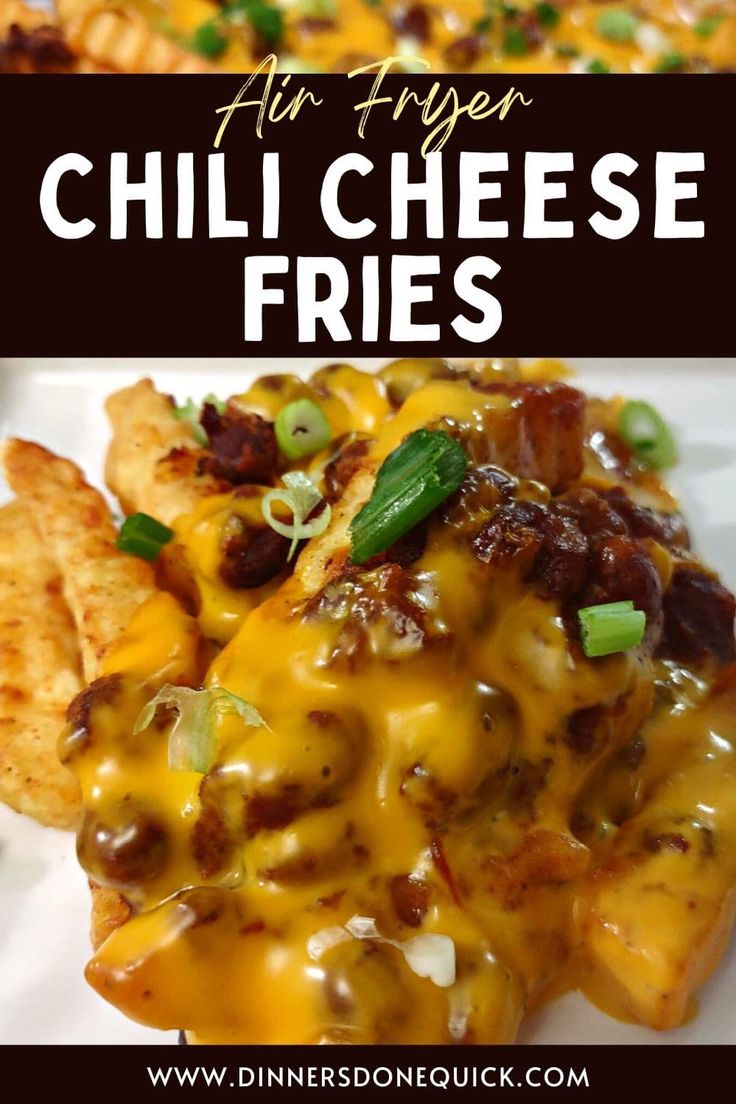 this is an image of chili cheese fries on a white plate with text overlay