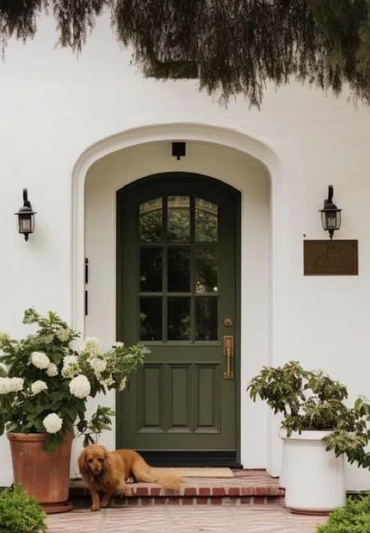 a dog sitting in front of a green door with potted plants on the steps