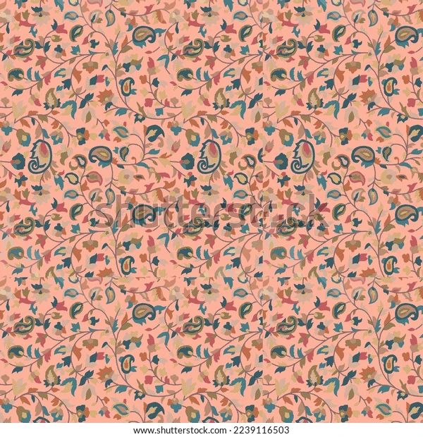 an abstract floral pattern in pink, blue and green colors on a light peach background