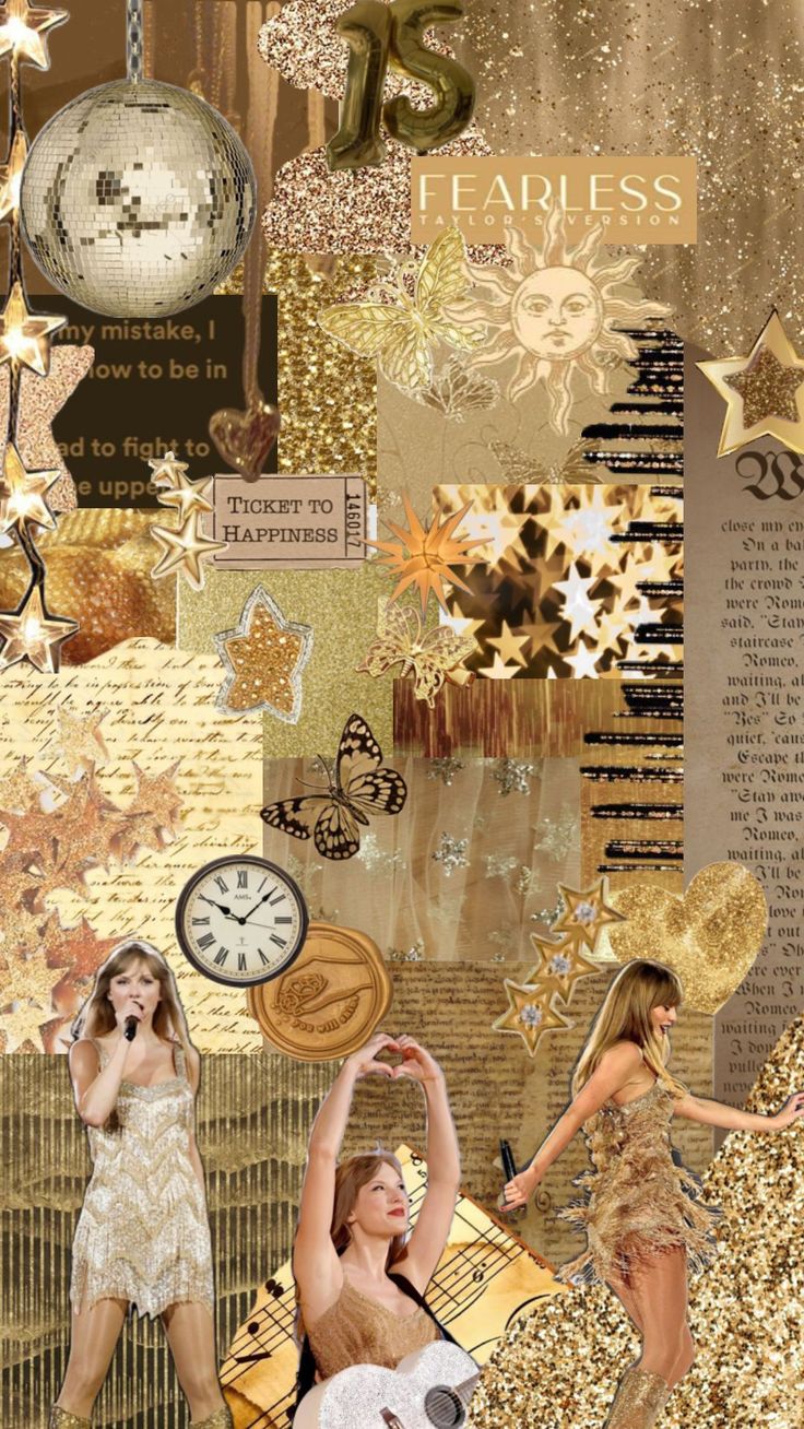 a collage of photos with gold and white glitters, stars, clocks, and other things