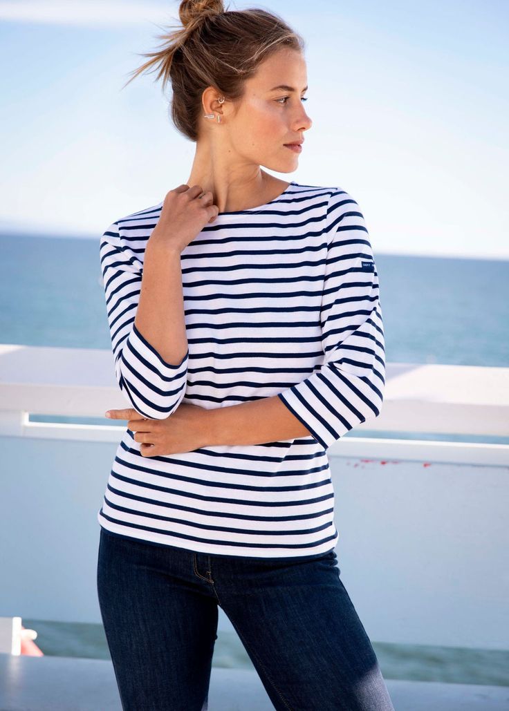 GALATHEE II - Breton Striped Top with ¾ Sleeve | Soft Cotton | Women Fit (WHITE / NAVY) Striped Nautical Tops For Summer, Nautical Striped Tops For Summer, Striped Sailor Style Top For Spring, Spring Sailor Striped Top, Striped Sailor Style Cotton Top, Sailor Style Striped Cotton Top, White Nautical Tops For Spring, Nautical Style Long Sleeve Summer Tops, Nautical Long Sleeve Tops For Summer