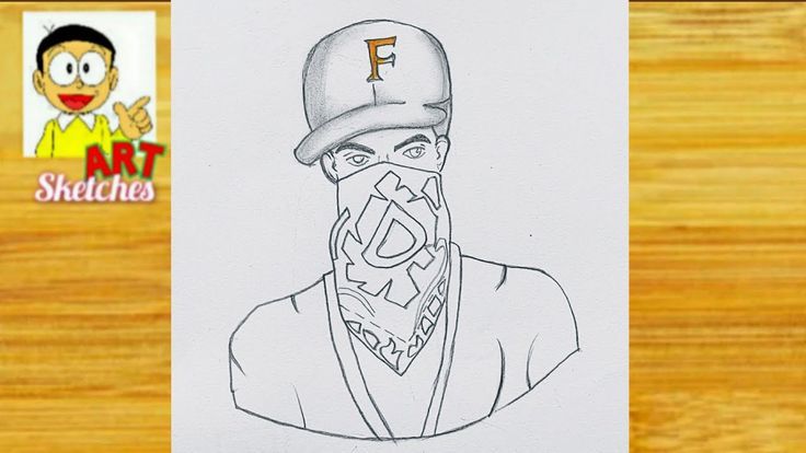 a drawing of a man wearing a baseball cap with the letter f on his face