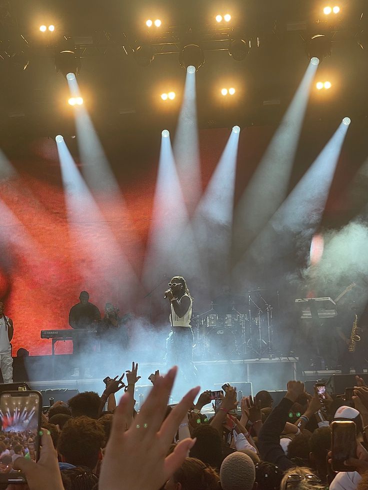 a crowd of people at a concert with their hands up in front of the stage