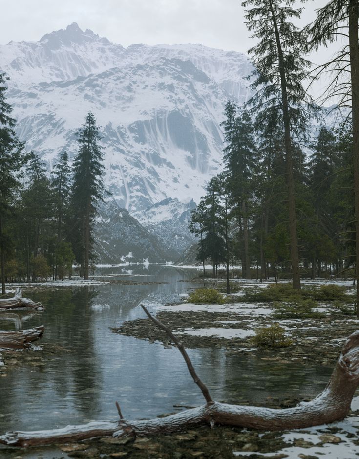 a snowy mountain with trees and water in the foreground