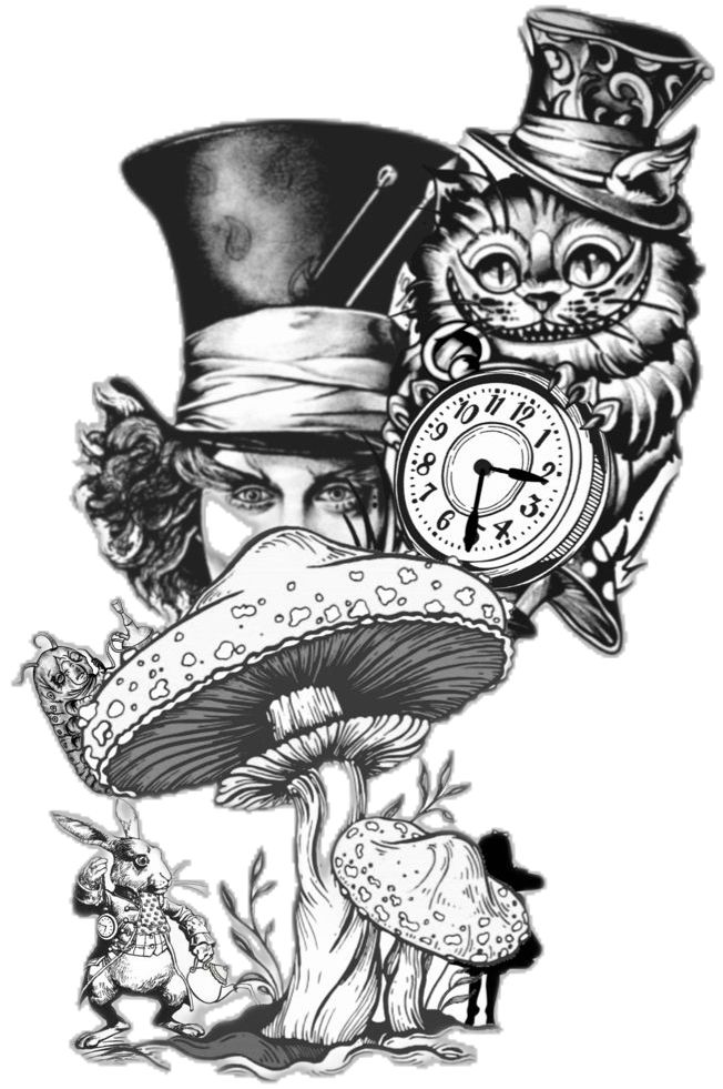 an ink drawing of a man with a clock and two cats in top hats on his head