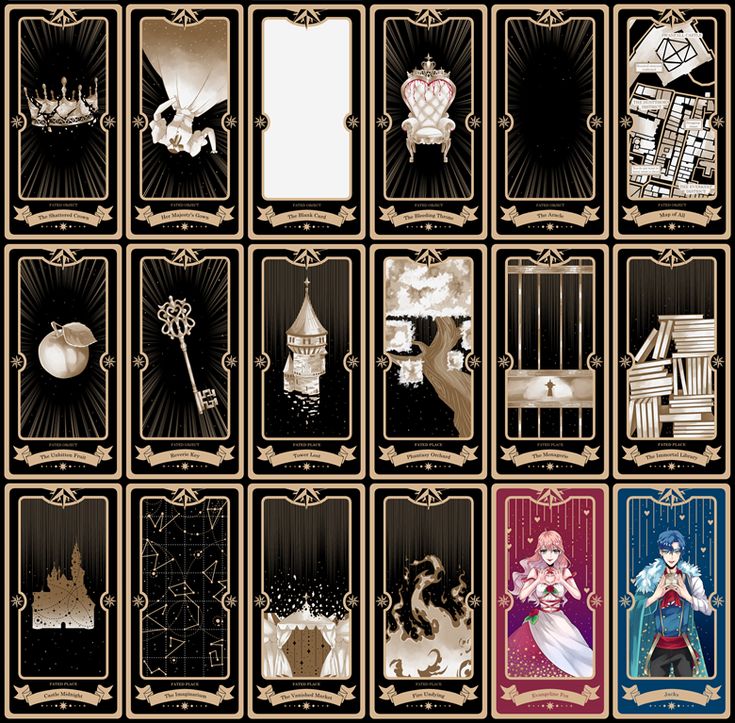 an image of a set of cards with princesses and castle scenes on them, all in black and gold