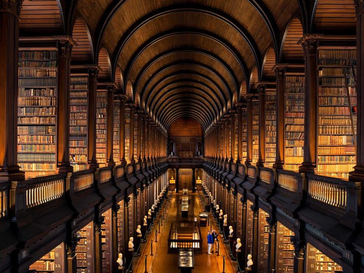 a long library filled with lots of books