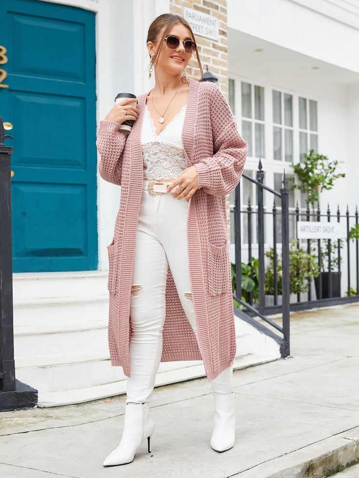 Dusty Pink Casual Collar Long Sleeve Fabric Plain  Embellished Slight Stretch Spring/Fall Women Plus Clothing Cardigans 2023, Outfits With Cardigans, Shein Shopping, Cardigan Rosa, Plain Cardigan, Cardigan Plus Size, Longline Cardigan, Plus Size Cardigans, Lifestyle Health