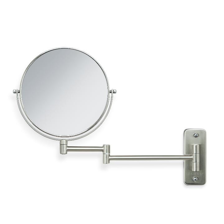 a wall mounted magnifying mirror on a metal bar with an adjustable armrest