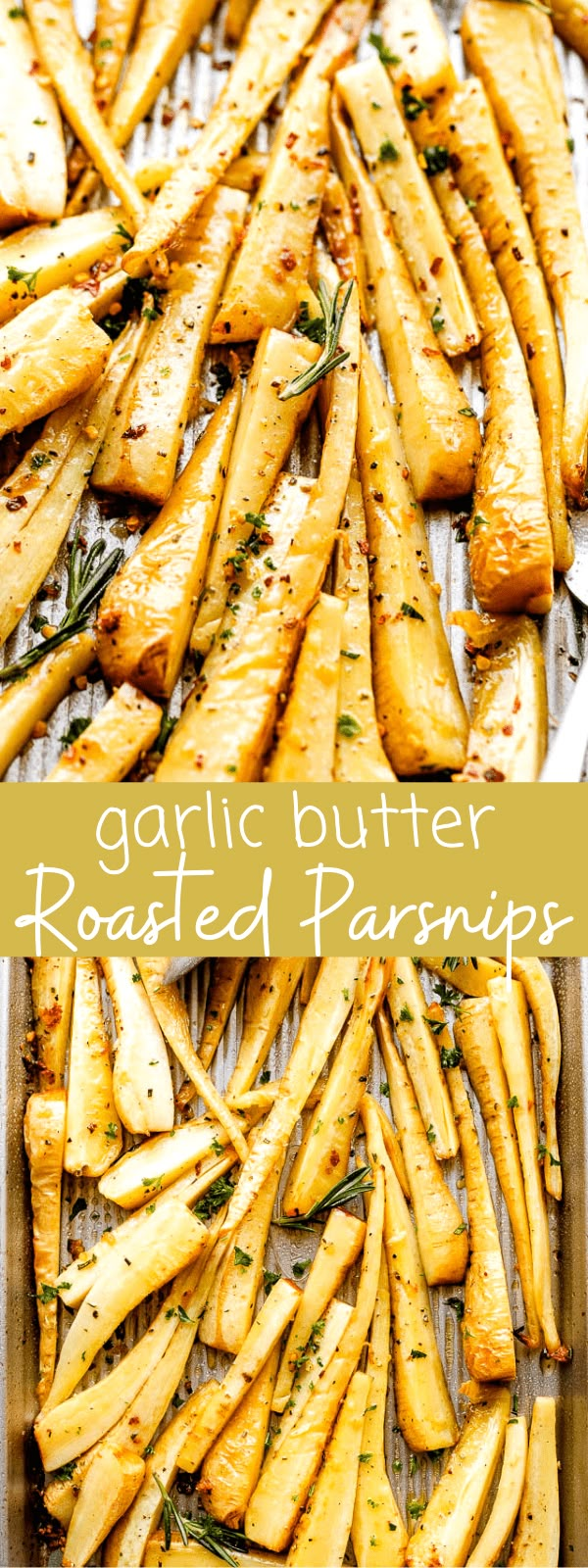 garlic butter roasted parmesan potatoes on a baking sheet with text overlay that reads garlic butter roasted parmesan potatoes